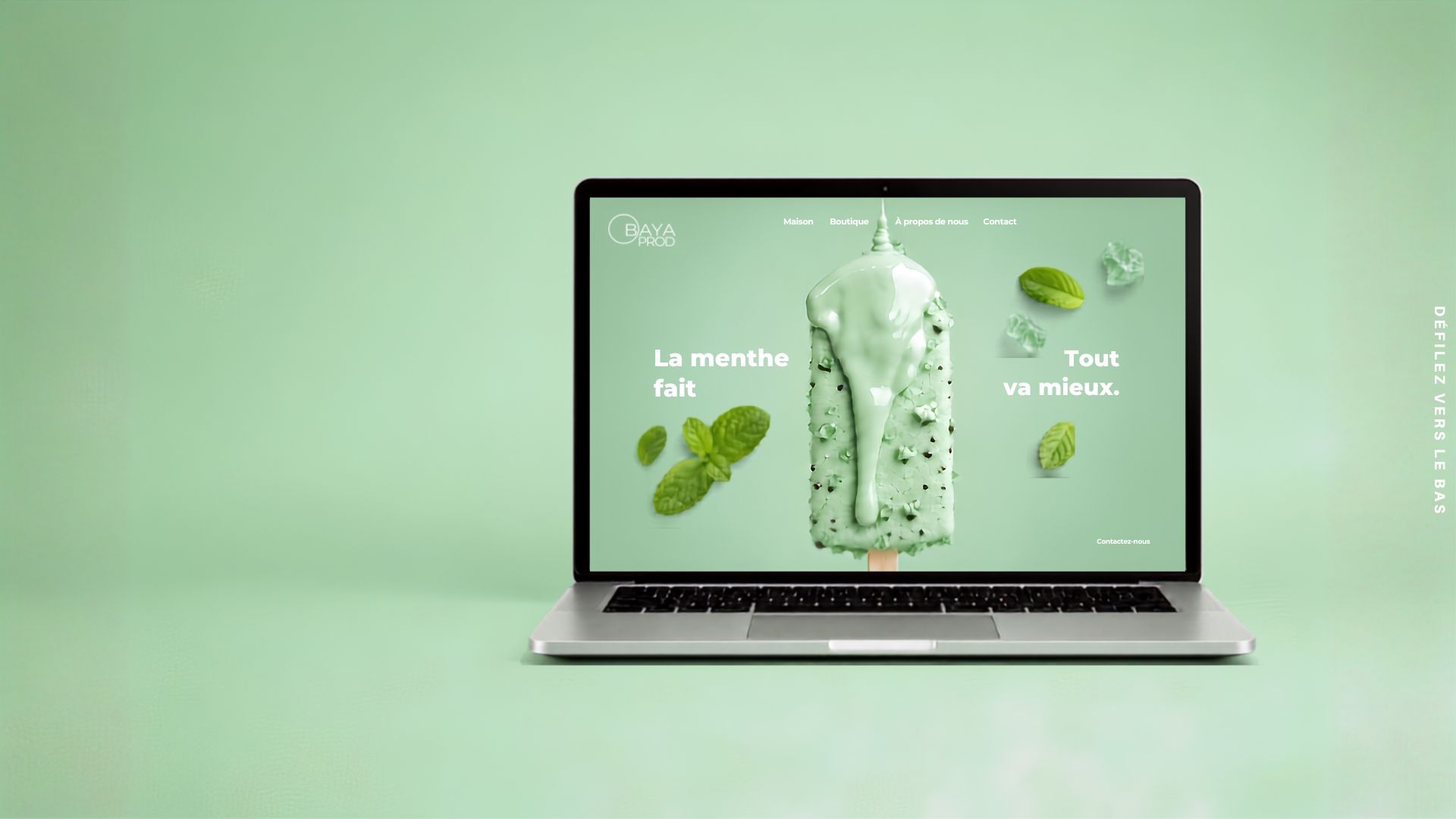 Univers vert de la formule Essentiel : ordinateur portable présentant un site vitrine moderne aux tons menthe, entouré de feuilles décoratives